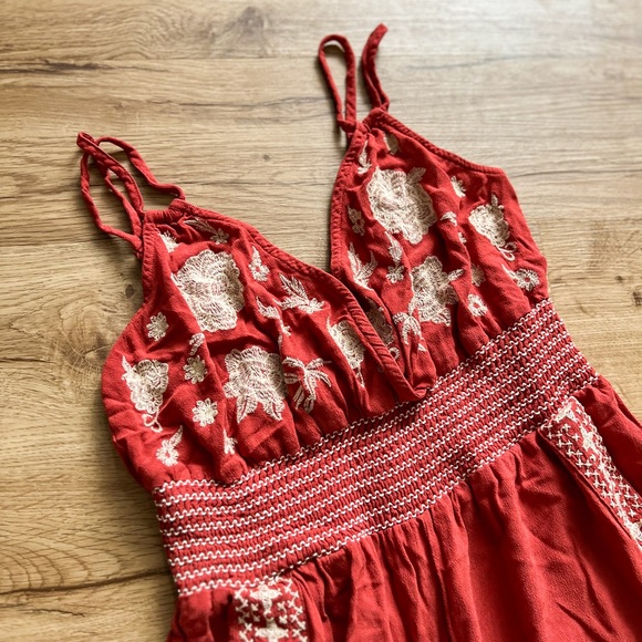 FINAL SALE American Eagle Boho Embroidered Rust Wide Leg Smocked Jumpsuit - Picture 5 of 8